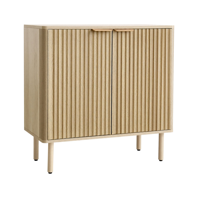 Coffee Bar Cabinet, Mid Century Fluted Coffee Bar Table with 2-Tier Storage, Buffet Stand Cabinet with 2 Barn Door, Sideboard Buffet Station for Living Room, Entryway, 31.5 x 14.7 x 31.5 in, Oak