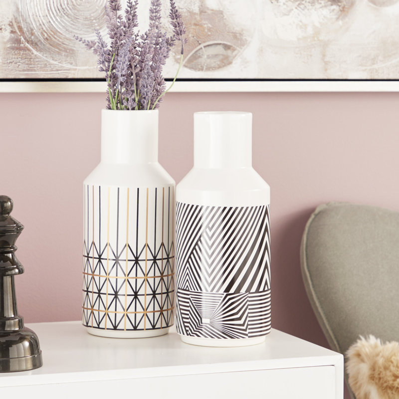 2 Piece White Ceramic Table Vase Set, 12" H x 5" W x 5" D