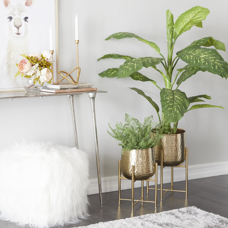 Contemporary Gold Metal Indoor Planter with X-Shaped Stand, 17" Height