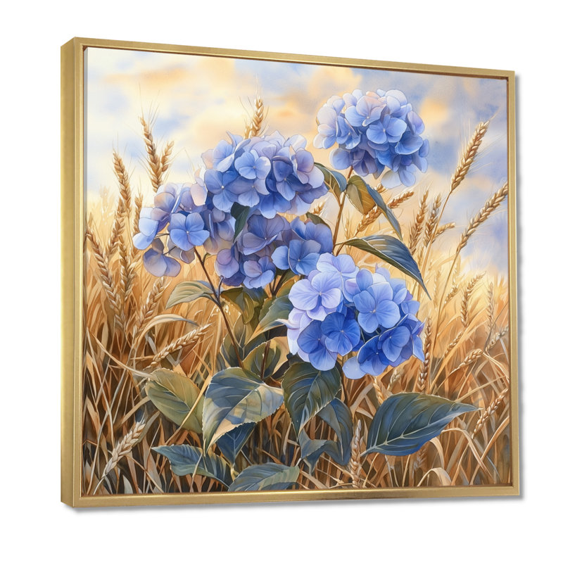 Paysage d'hortensias dans le champ de blé II - hydrangées, art mural, H 16 po x l 16 po, Impression encadrée flottante, Doré