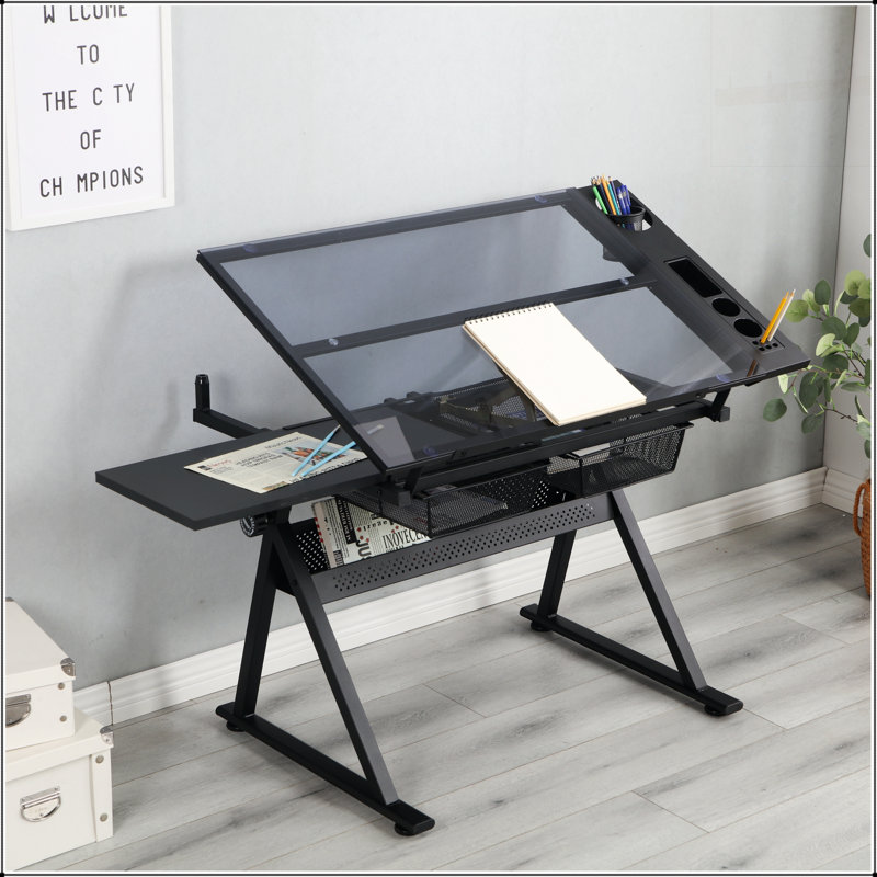 Drafting Table, 0-75° Adjustable Glass Top Artist Table - Height Adjustable Drafting Desk with Large Storage for Painting & Crafting - Ideal for Designers and Art Students