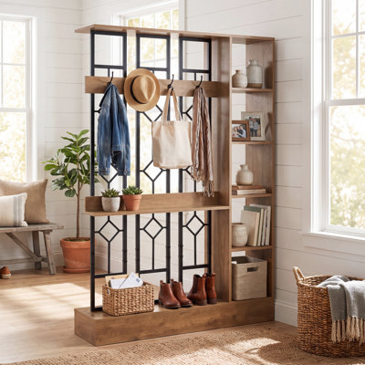 71-Inch Room Divider with Display Shelves & Coat Hooks, Freestanding Entryway Partition with Storage