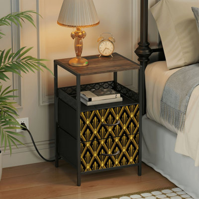Table de chevet 2 tiroirs avec station de charge, table de chevet pour chambre avec ports USB et amp; Outlets Open Shelf Black, table de chevet avec art déco noir doré, années des années rugissantes, art déco
