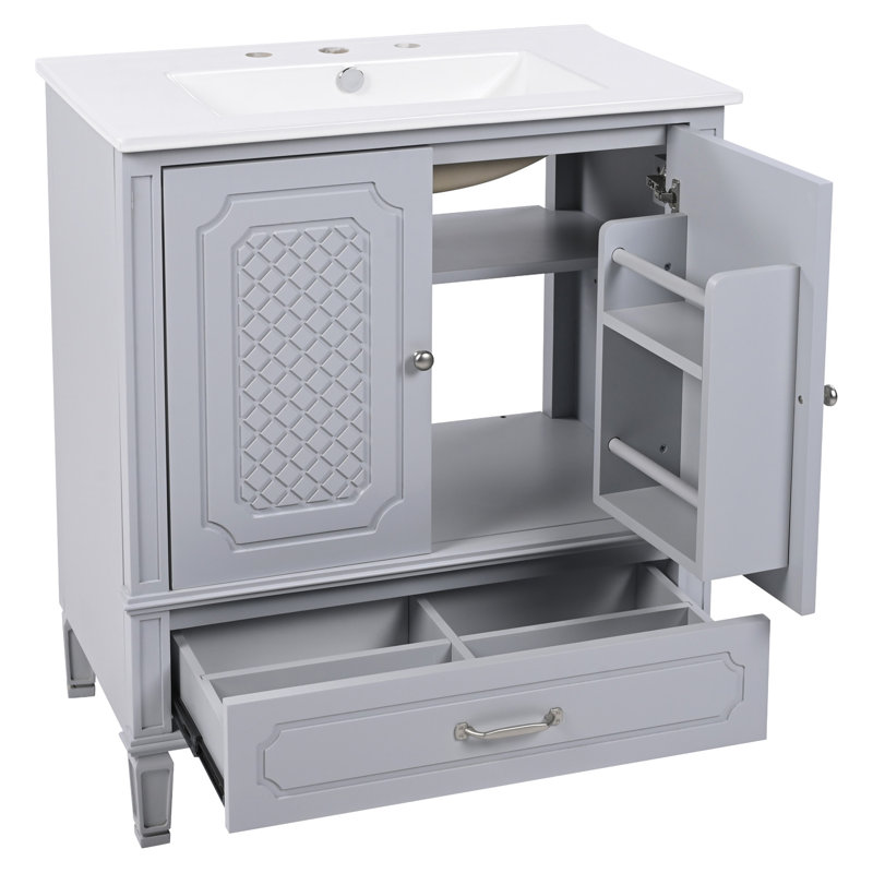 Meuble-lavabo vintage avec lavabo, rangement et fabrication durable, Argent argent, Gris