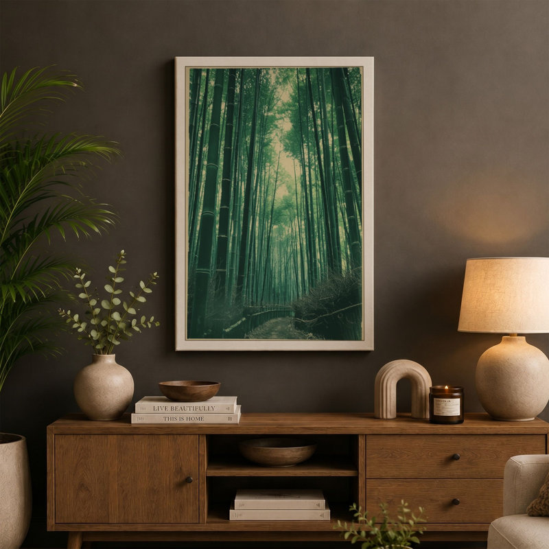 Path Through Bamboo Forest Japandi - Wrapped Canvas, 18x12 - 45.7 x 30.5 cm, Terracotta Border