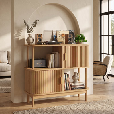 2 Tier 400 vinyls Record Player Stand, 40" Corner Record Player Stand With Charging Station,Mid Century Modern turntable Stand Table With Open Storage and Sliding Doors for Music Room Living Room, Oak