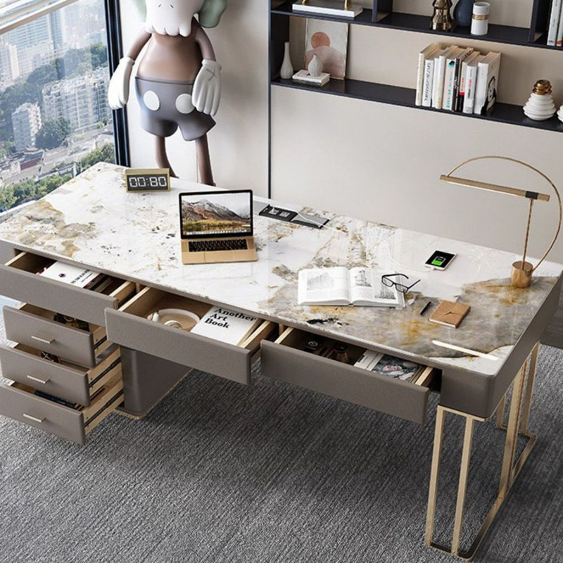 Bureau double caisson en pierre frittée avec tiroirs, Orienté à gauche (vu de face), H 29,53 po x l 78,74 po x P 27,56 po