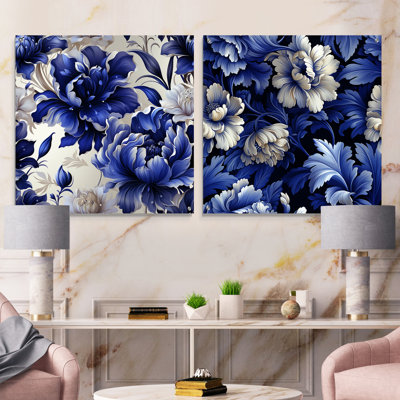 Cobalt Blue Damask Victorian Pattern - Floral Acrylic Wall Art Glass Set Of 2