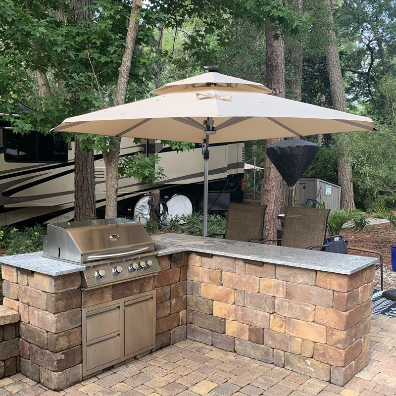 11' Cantilever Umbrella with Lights and Base in Ground, Beige