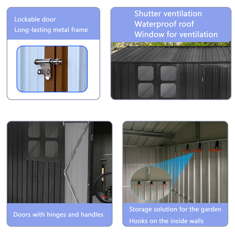Outdoor Metal Storage Shed - 10ft x 8ft, Dark Grey with Window, Garden Shelter