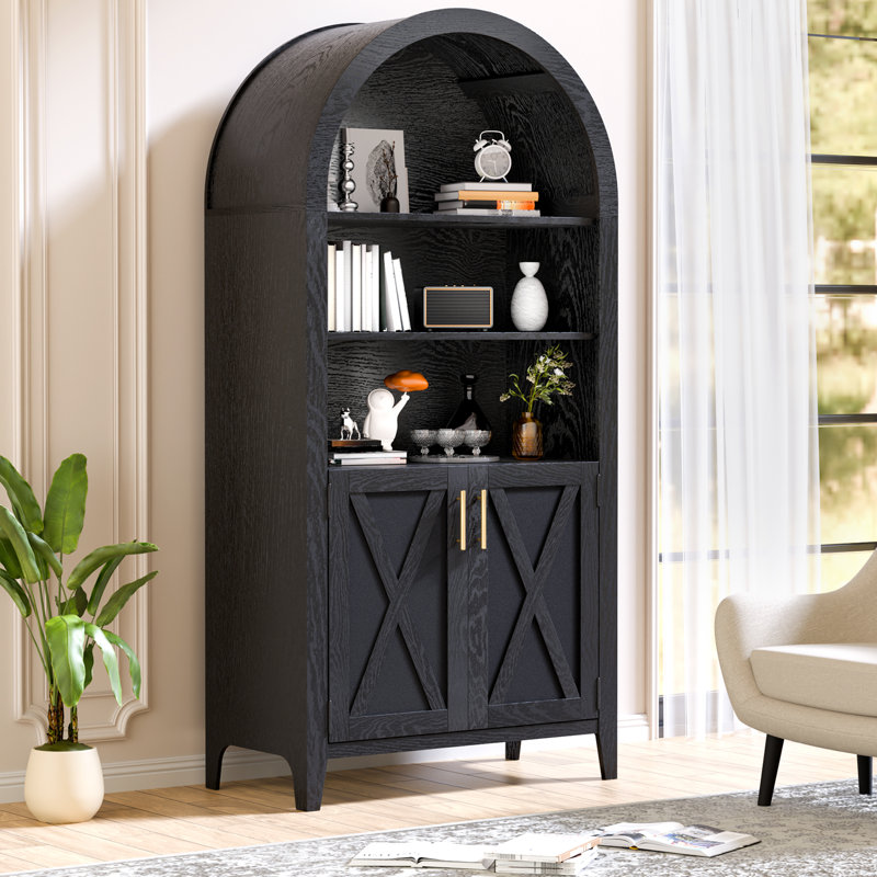 Modern Arched Bookcase Cabinet With Adjustable Shelves And Hidden Storage, Freestanding Display Cabinet With Doors For Living Room, Kitchen Or Home Office