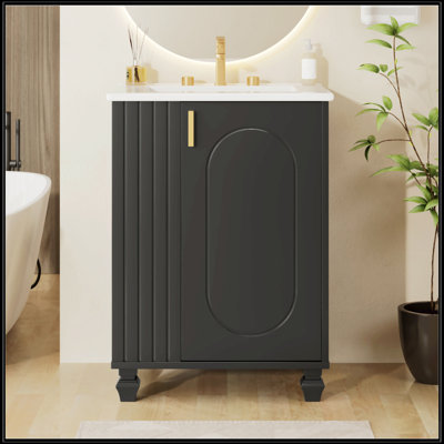 Meuble-lavabo 24 po avec lavabo, armoire, tablette de porte, rangement latéral ouvert, cadre en bois massif, porte à fermeture douce