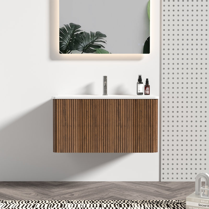 Meuble-lavabo de 30 po en noyer rayé, lavabo en céramique blanche, bords courbés flottants fixés au mur, tiroir pratique à ouverture par pression, meuble-lavabo moderne avec rangement spacieux - noyer, monté, Kd, bords sûrs, grand