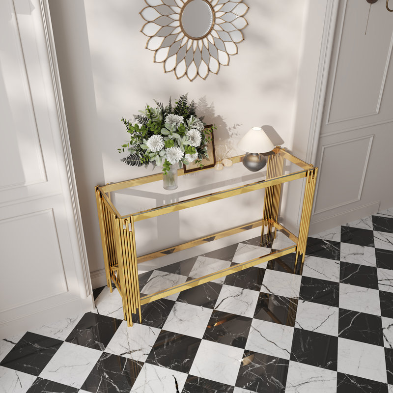 Top And Bottom Double Layer Tempered Glass Console Table And Mirror Finished Stainless Steel Frame, Gold, Clear