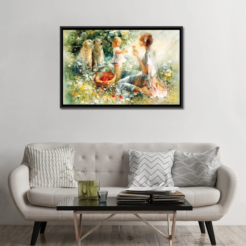 « pique-nique », impression sur toile, H 18 po x l 26 po x P 1,5 po, Toile avec cadre noir, Pas de tapis
