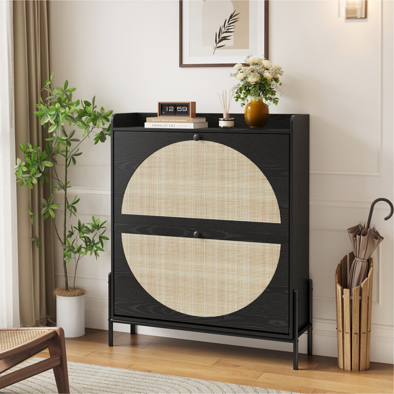 2-Drawer Wooden Shoe Cabinet With Rattan Doors / Narrow Freestanding Storage Organizer For Entryway, Black