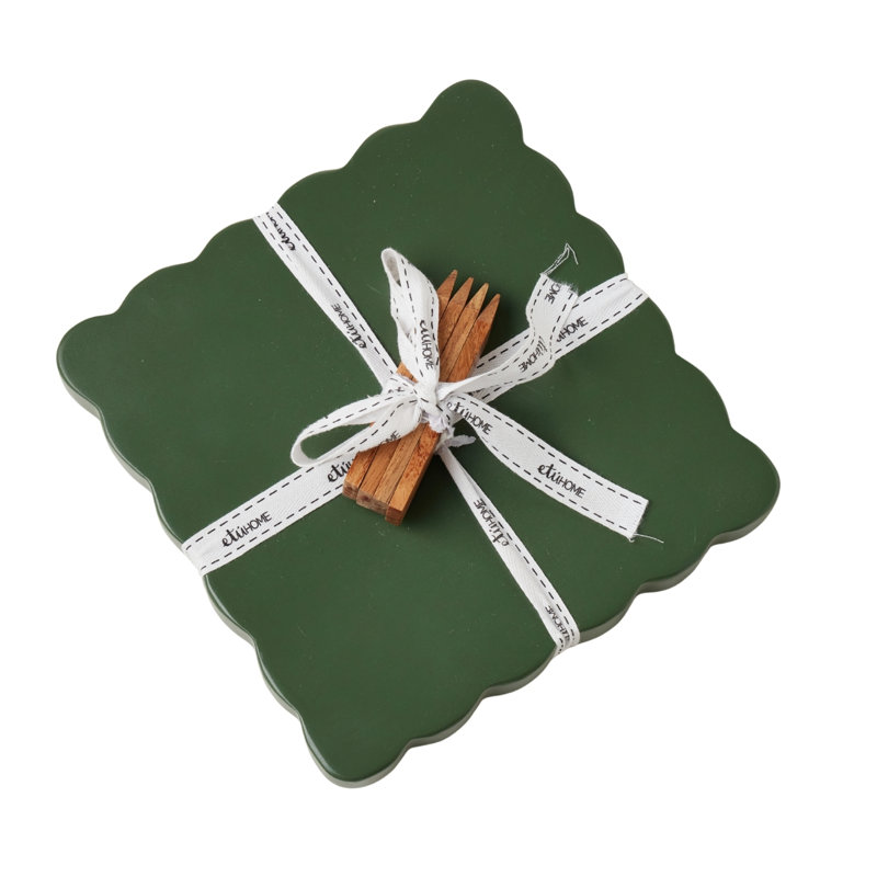 Scalloped Square Cheese Board with Cheese Markers - Spruce Green, Spruce Green
