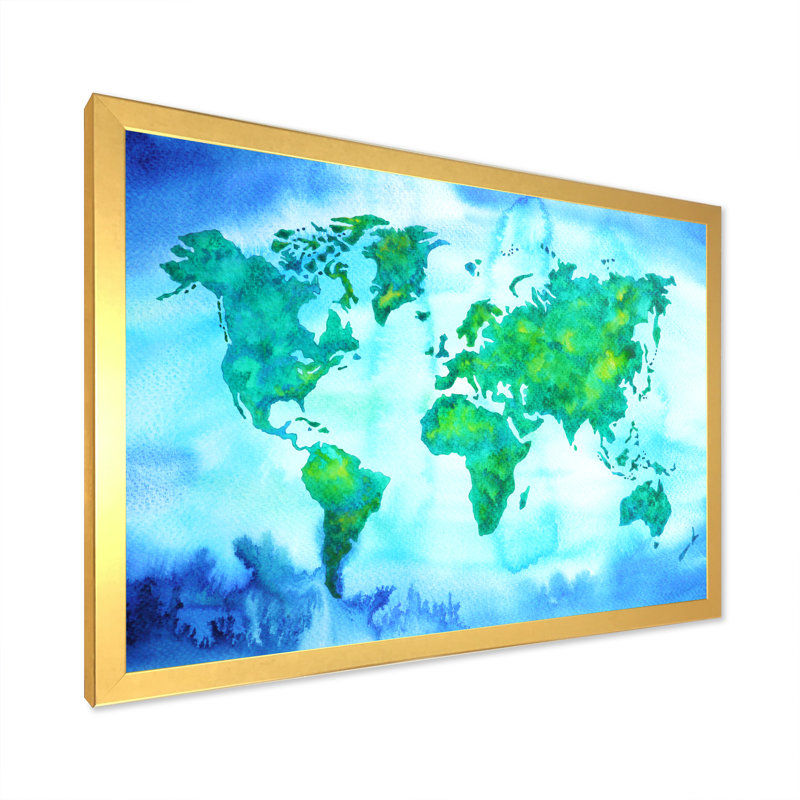 «World Map Blue Green Tone III», reproduction sur toile flottante, H 12 po x l 20 po x P 1 po, Cadre doré à coins fermés
