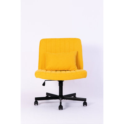 Adjustable Yellow Linen Cross Office Chair With Wheels, For Various Indoor Spaces, Featuring Ergonomic Support And Height Adjustment Armless Wheels - Perfect Home Office, , Makeup, Extra Pillow Tilt