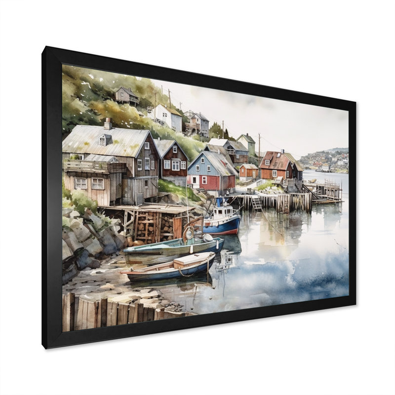 Petite ville, port de Norvège I - impression sur toile, H 12 po x l 20 po x P 1 po, Impression noire sur toile encadrée