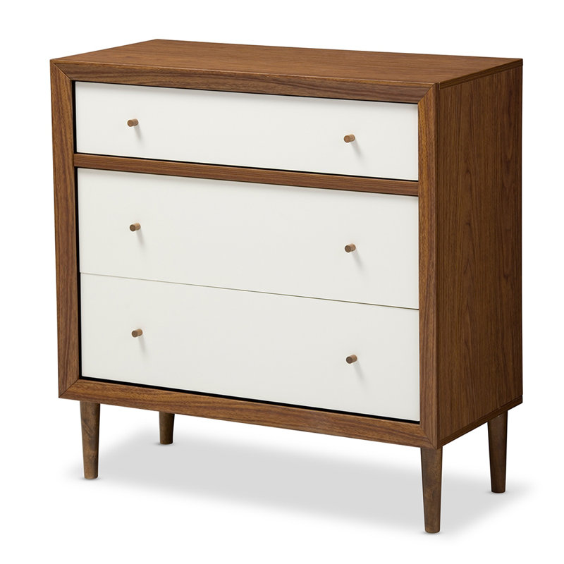 Commode 3 tiroirs Westphal en bois manufacturé blanc / noyer, H 37,25 po x l 35,14 po x P 16,3 po