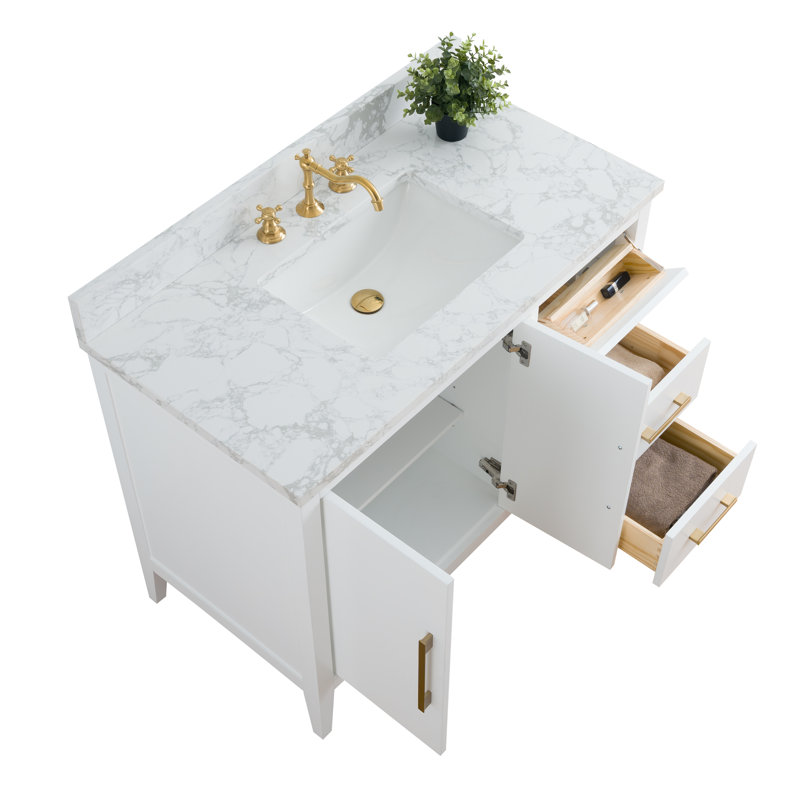 42'' Single Bathroom Vanity with Engineered Marble Top, Golden Brushed, White