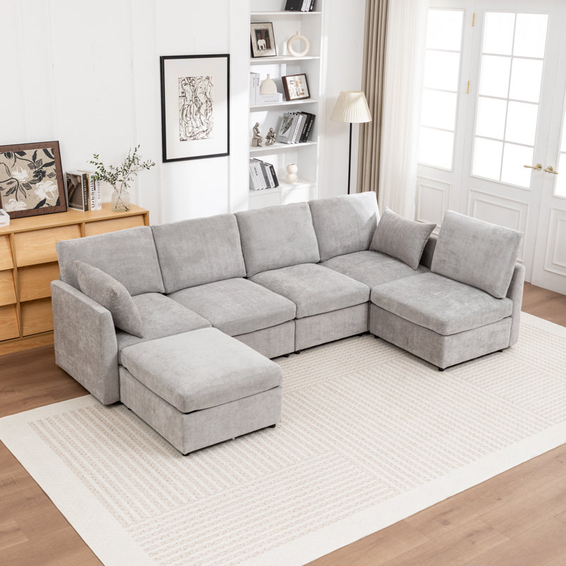Canapé modulaire rembourré en U avec repose-pieds de rangement 6 pièces Miller, Gris