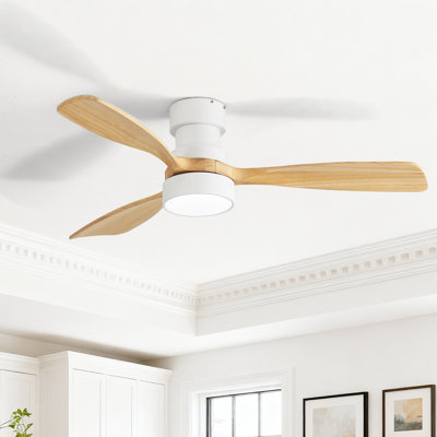 Kemp 48" Indoor Modern 3-Solid Wood White&Beige Ceiling Fan with 3CCT Light Kit, Flush/Downrod, Tech Compatibility AMZ Alexa/APP/Remote Control