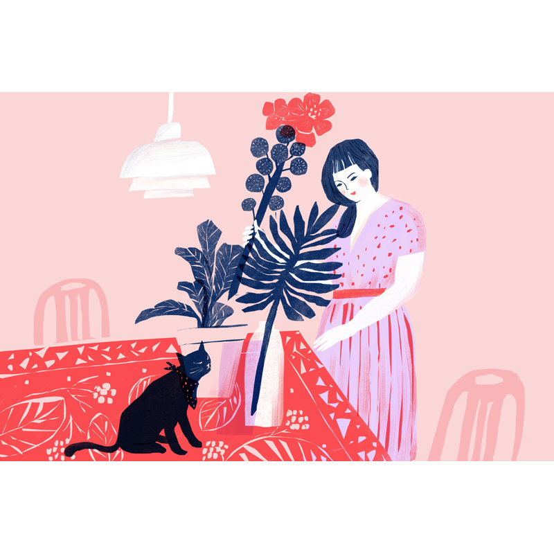Lady with Cat and Plants - Painting Print, 20 cm H x 30 cm W, Black Floater Framed