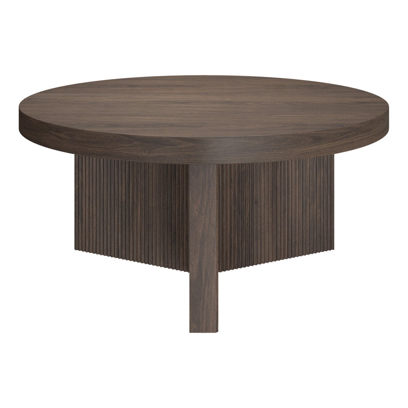 32" Wide Round Coffee Table with Fluted Base — Alder Brown Scandinavian MDF Center Table for Living Room | Holm, Alder Brown