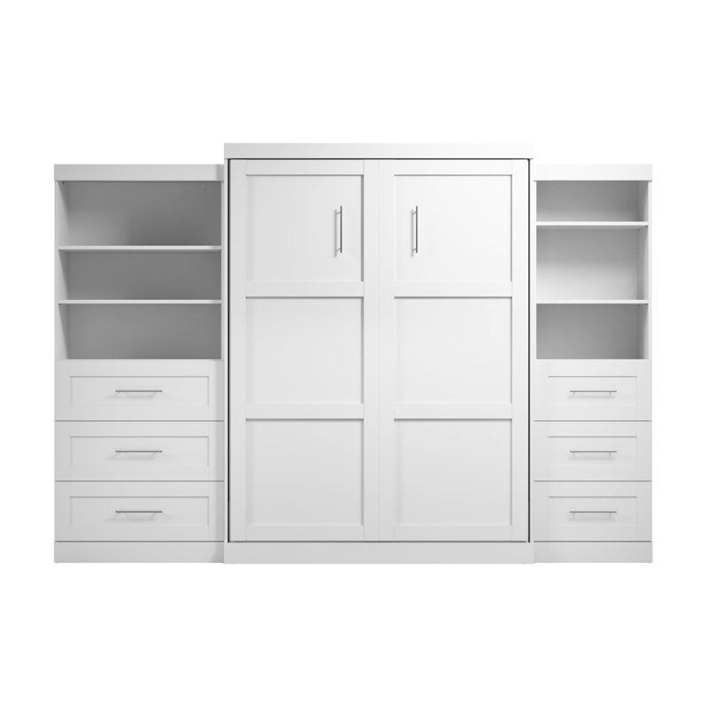 Arlex Murphy Bed with Shelving Units with Drawers, White, Queen