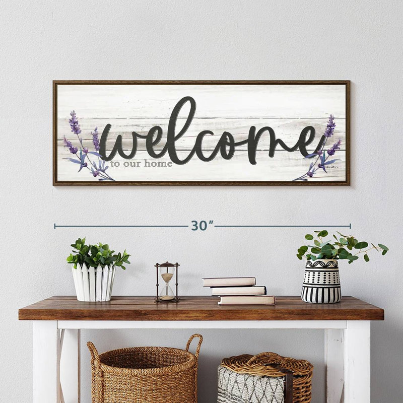 Plaque murale "Welcome to our home" lavande, 31 po x 11 po, Cadre flottant noyer