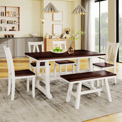 6-Piece Wood Dining Table Set, Kitchen Table With Long Bench And 4 Dining Chairs