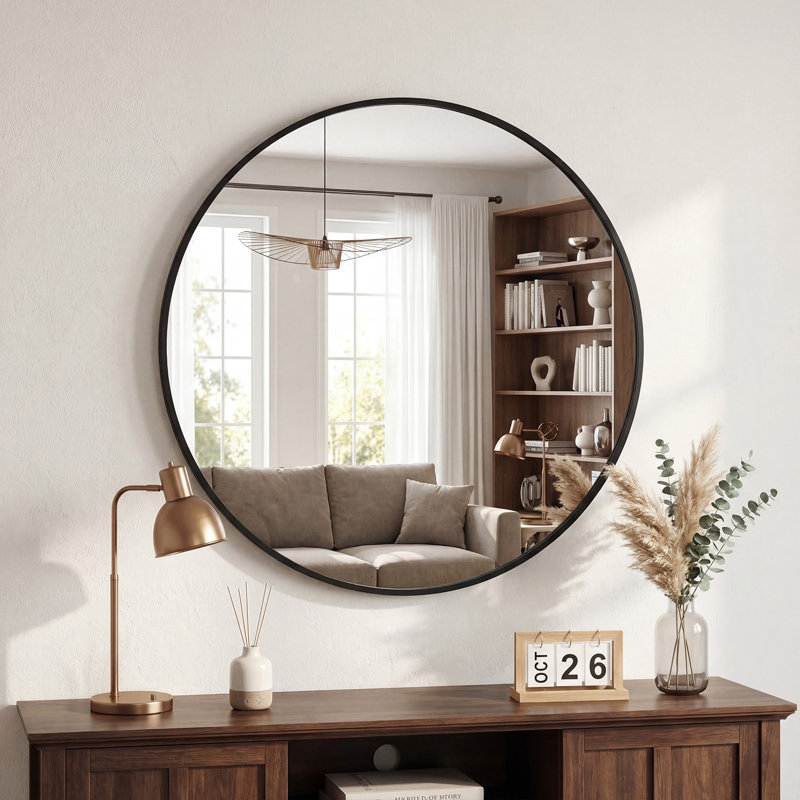 Miroir mural rond en métal, Noir, noir, noir, noir, 36 po x 36 po
