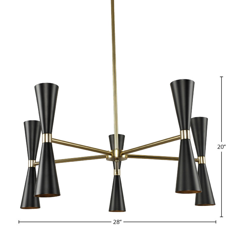 Milo 12 LT Matte Black w/ Vintage Brass Chandelier Kalco, Black And Vintage Brass