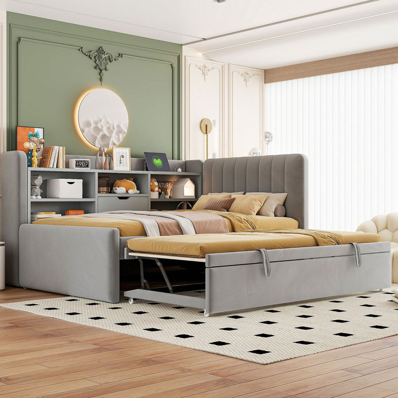 Upholstered Daybed With Trundle, Storage Shelves, USB & Outlet, Gray