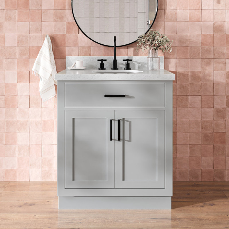 Tidworth 30'' Solid Wood Single Bathroom Vanity with 1.5'' Carrara Marble Top, Grey / Matte Black, Oval