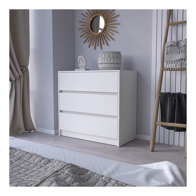 Commode Maldus, trois tiroirs, finition blanche