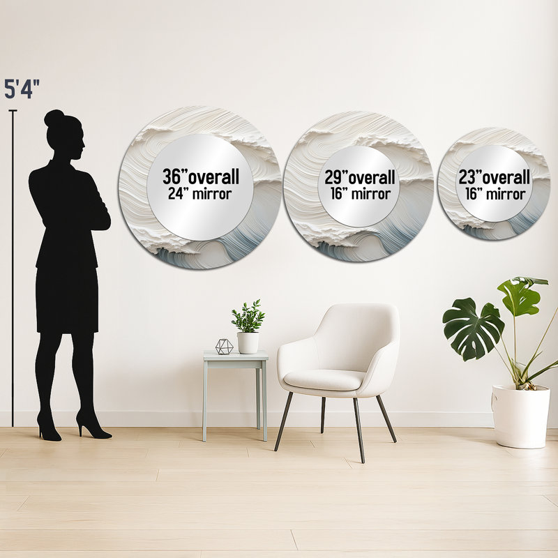Décoration murale blanche en forme de vague côtière de style I - miroir côtier rond sur métal, 36 po x 36 po