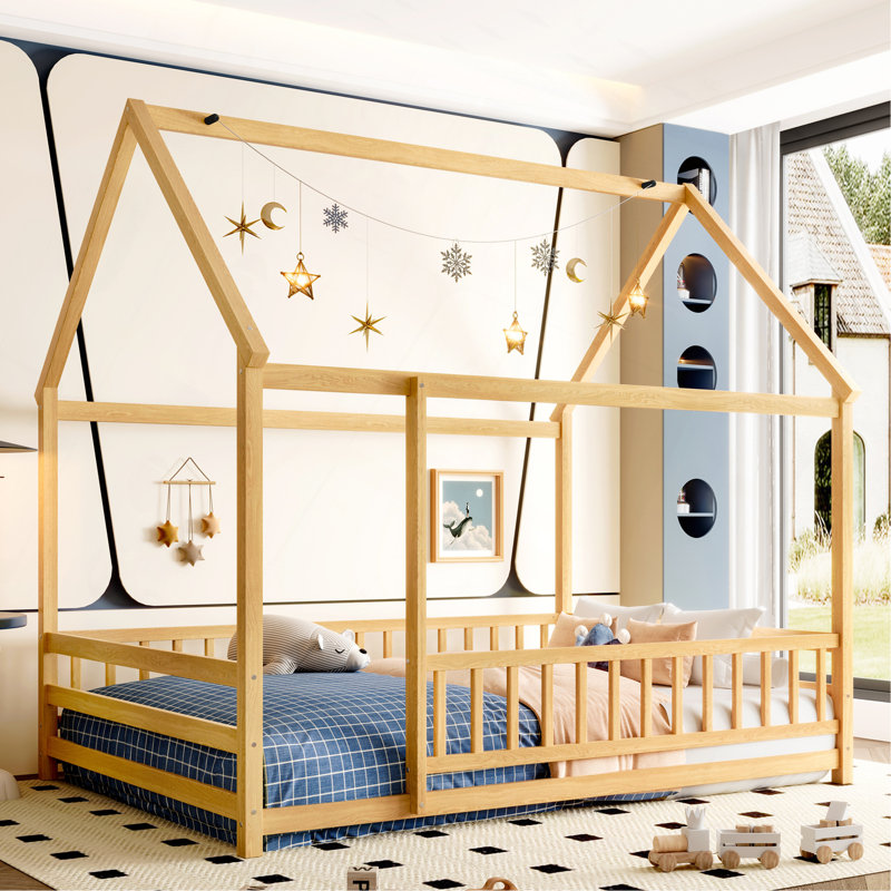 Floor Wooden Bed With House Roof Frame, Fence Guardrails, Natural, Full