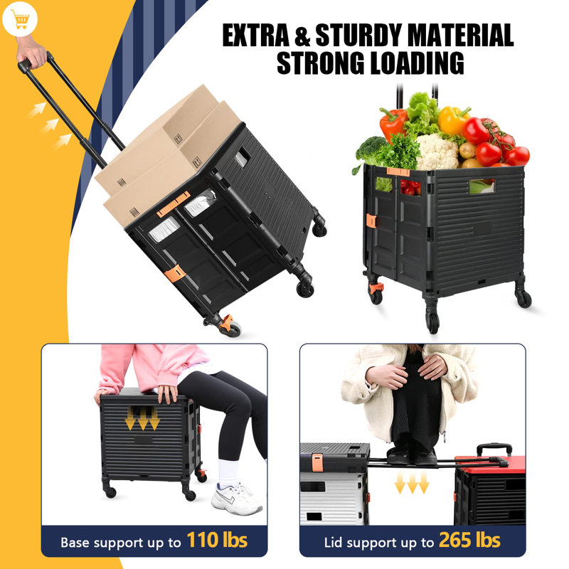 Foldable Utility Cart Portable Rolling Crate Handcart Shopping Trolley Collapsible Tool Box With Rotate Wheels Durable Duty Plastic Telescoping Handle Lid(Black)