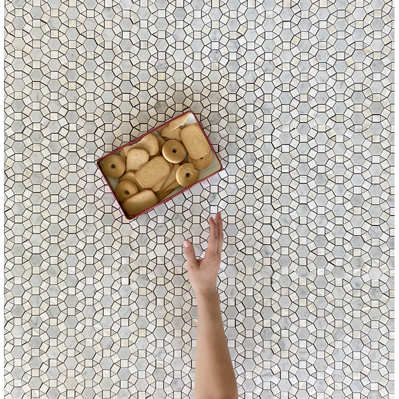 11.75" x 11.5" Marble Mosaic Wall & Floor Tile, Carrara/Mother Of Pearl