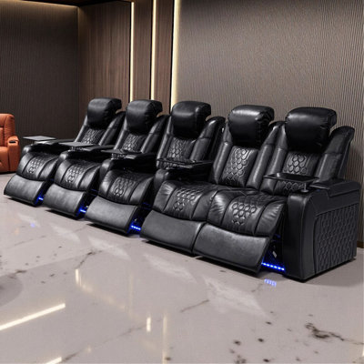 Power Recliner With Adjustable Headrest, Top-Grain Nappa Leather Home Theatre Seat With RGB LED Lighting & USB Charging