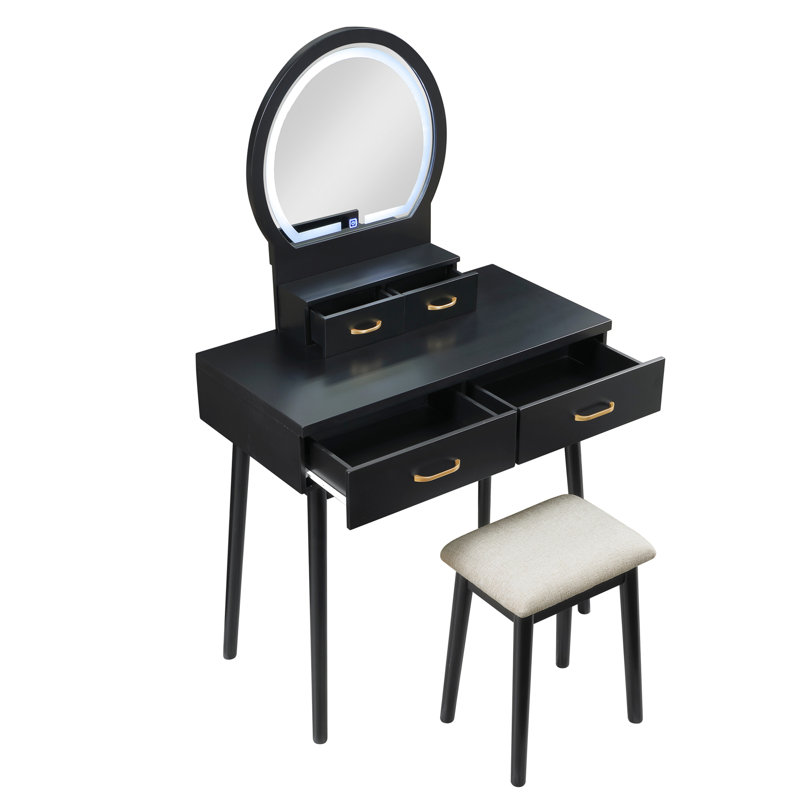 Beautiful Black Finish Vanity Dresser With Mirror And Stool Set Storage Drawers Luxury Furniture 1Pc LED Mirror, Black