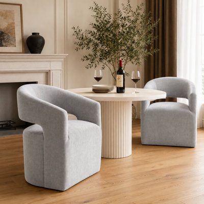 Upholstered Dining Chairs With Casters, Fully Assembled Barrel Armchair Set Of 2, Solid Wood Accent Chair For Dining Room Living Room Kitchen