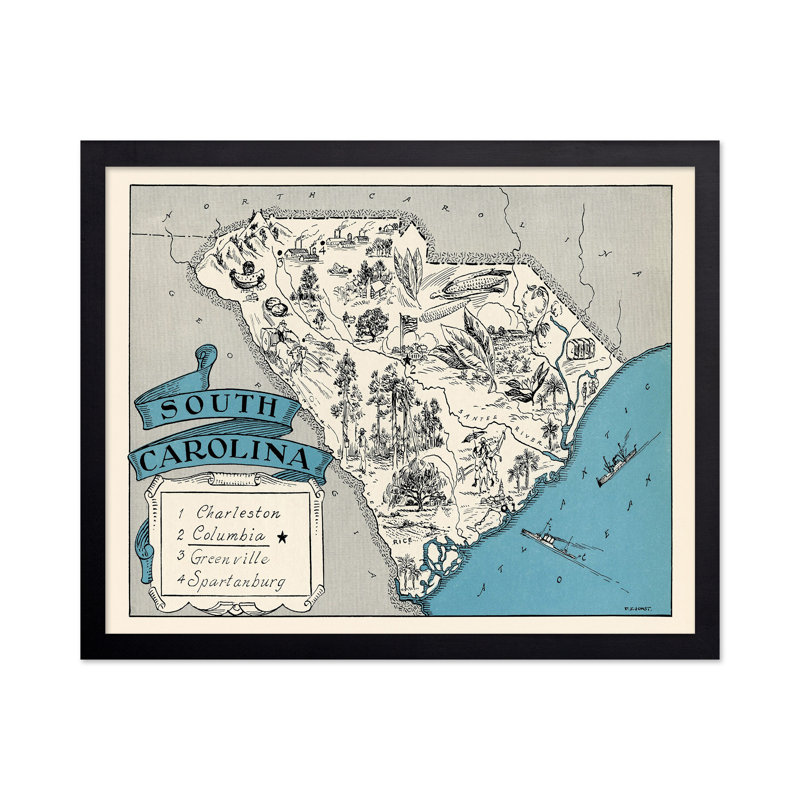 Carte illustrée de South Carolina, H 11 po x l 14 po, Affiche, Sans cadre