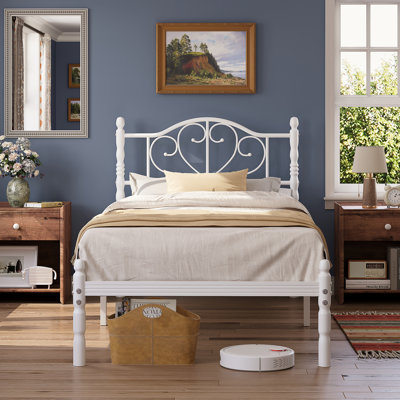 White Metal Platform Twin Bed Frame With Decorative Headboard, Heavy Duty Steel Slats, No Box Spring Required