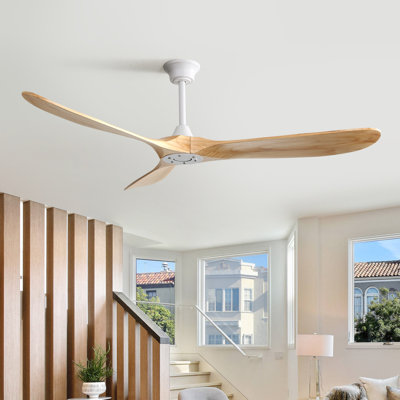 Kemp 60" 3-Solid Wood Blade Indoor/Outdoor Large Ceiling Fan With Remote,no light