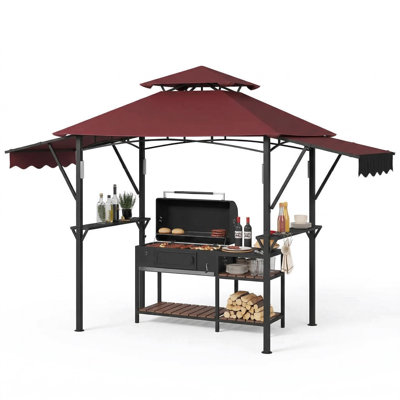 Abri de barbecue 8 x 5 pi avec auvents latéraux réglables, abri de barbecue à 2 niveaux avec 2 tablettes pratiques, auvent à cadre en acier bourgogne