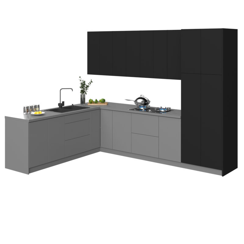 Cuisine complète moderne en panneau de fibres à densité moyenne (panneau de fibres à densité moyenne) gris et noir l 126 x P 96 x WALLKITCHENS FK-Harmony 
